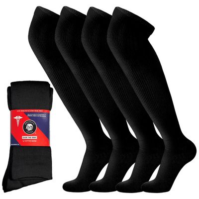 4 Pairs of Over the Knee Non-Binding Cotton Diabetic Neuropathy Socks, Black, Size 10-13