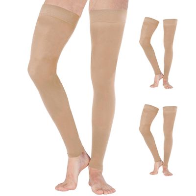 Mojo Compression Socks for Women and Men (3 Pairs) 20-30mmHg with Graduated Support - Thigh High Compression Leg Sleeve for Circulation during Sport, Pregnancy, Travel - Beige, X-Large - A609BE4
