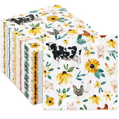100Pcs Farm Animals Paper Napkins Watercolor Chicken Pig Decorative Disposable Napkins Luncheon Dinner Napkins for Dining Party Tableware Supplies