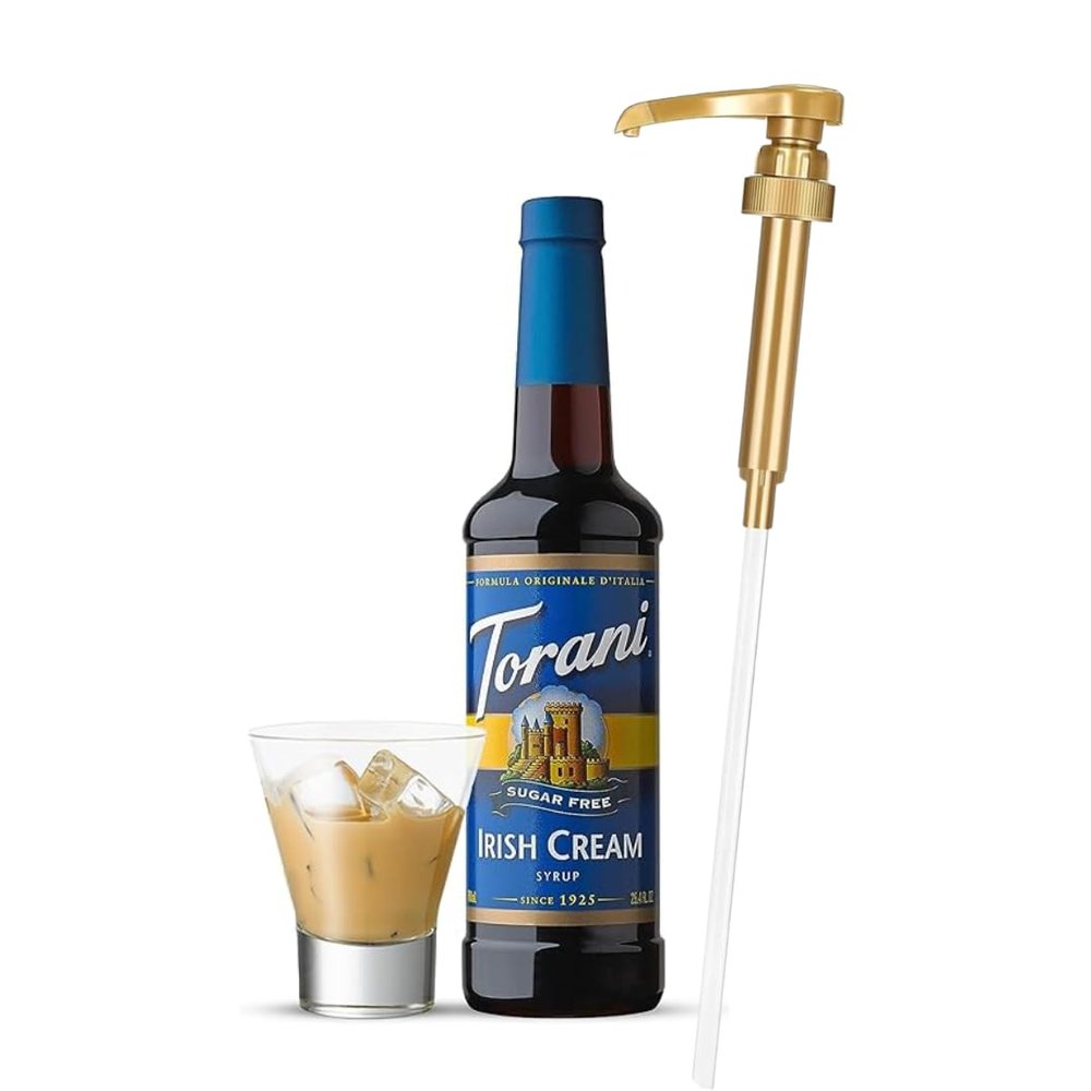 Jimoco Syrup Pump Dispenser + Torani Sugar Free Irish Cream Syrup, 25.4 oz - Coffee Syrup Pump & Flavoring Bundle