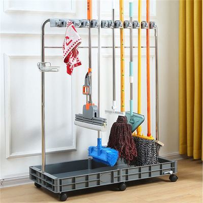 Bubinblau Broom and Mop Holder, Stainless Steel Cleaning Cart, Movable Janitorial Cart with Wheels, Floor Mounted Home Cleaning Cart for Garden Factory Cleaning Tools Storage,10 Slots