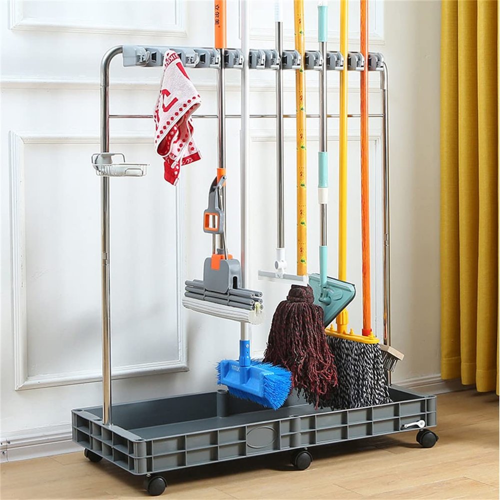 Bubinblau Broom and Mop Holder, Stainless Steel Cleaning Cart, Movable Janitorial Cart with Wheels, Floor Mounted Home Cleaning Cart for Garden Factory Cleaning Tools Storage,10 Slots