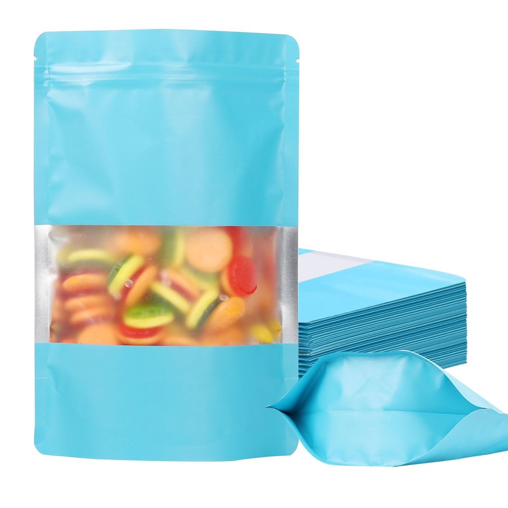 100 Pack Smell Proof Bags, Resealable Mylar Bags with Matte Window, Foil Pouch Stand-up Bags for Food Self Sealing Storage, Scratch Resistant Hand Storage Bags.(Blue, 5.98.6 Inch)