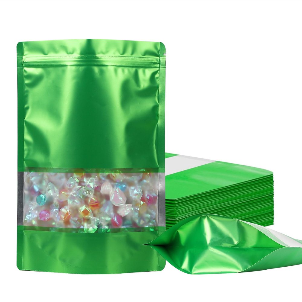 100 Pack Smell Proof Bags, Resealable Mylar Bags with Matte Window, Foil Pouch Stand-up Bags for Food Self Sealing Storage, Scratch Resistant Hand Storage Bags. (Green, 6.39.4 Inch)