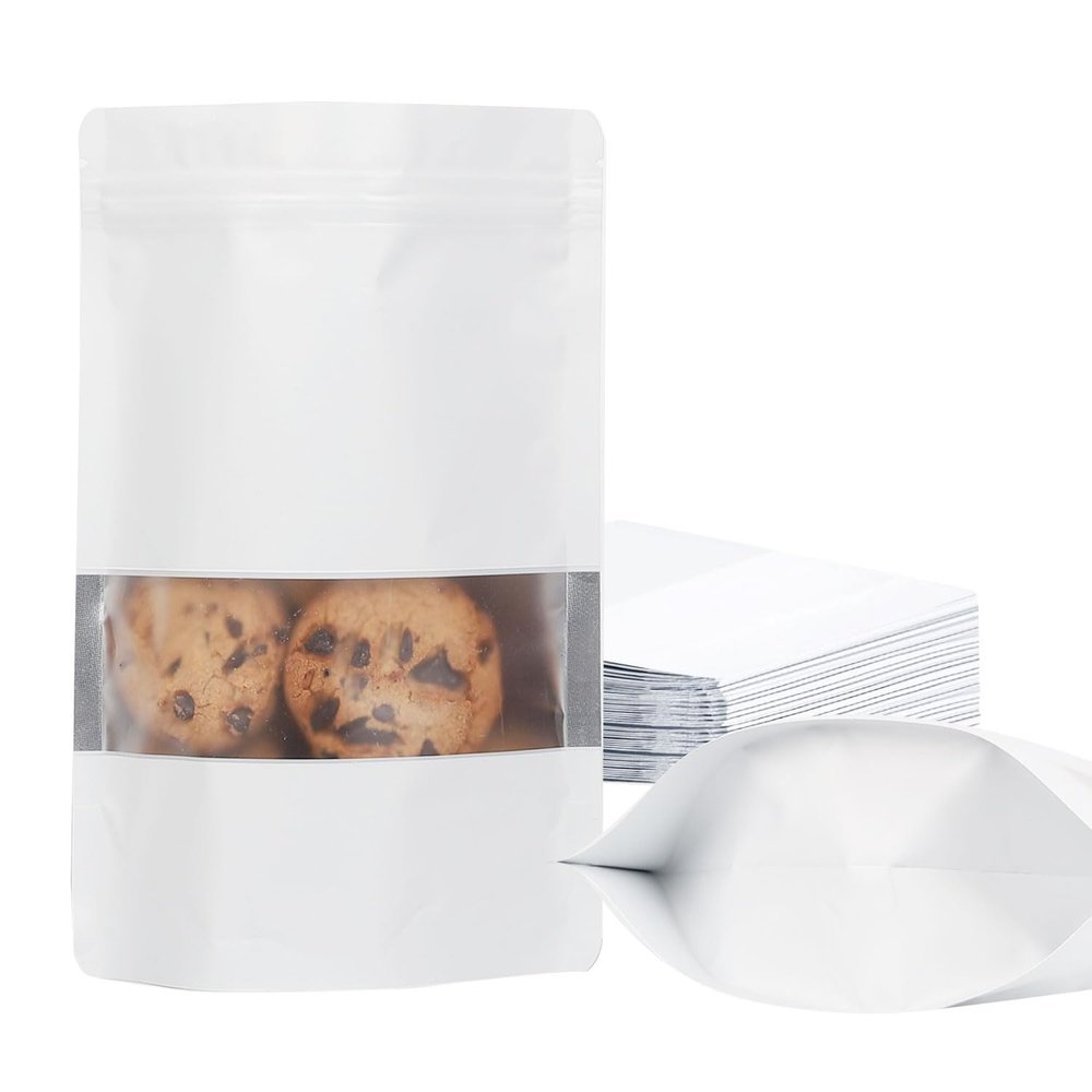 100 Pack Smell Proof Bags, Resealable Mylar Bags with Matte Window, Foil Pouch Stand-up Bags for Food Self Sealing Storage, Scratch Resistant Hand Storage Bags.(White, 6.39.4 Inch)