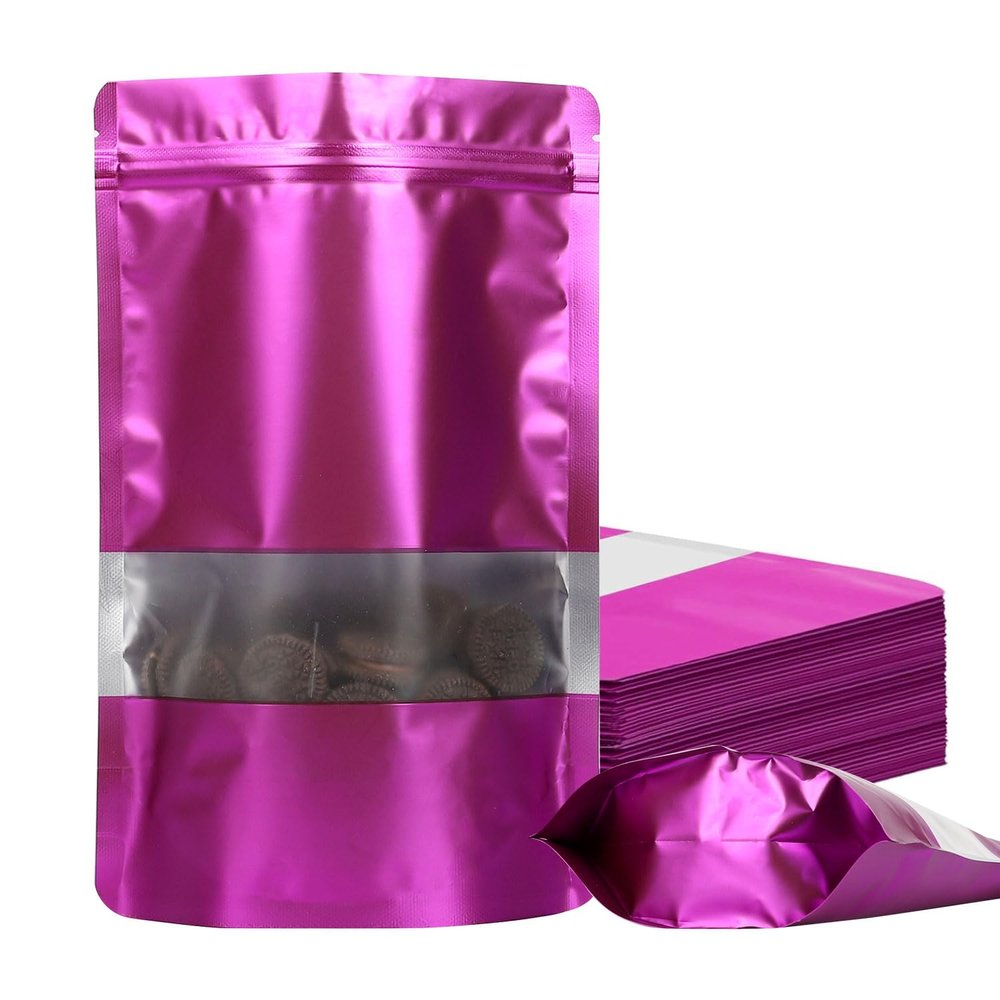 100 Pack Smell Proof Bags, Resealable Mylar Bags with Matte Window, Foil Pouch Stand-up Bags for Food Self Sealing Storage, Scratch Resistant Hand Storage Bags.(Purple, 710 Inch)
