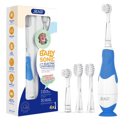 SEAGO Toddler Electric Toothbrushes for Baby Ages 0-3 Years, Baby Toothbrush with Smart Timer and Suction Base, 4 Replacement Brush Heads SG-513 (Navy-C)