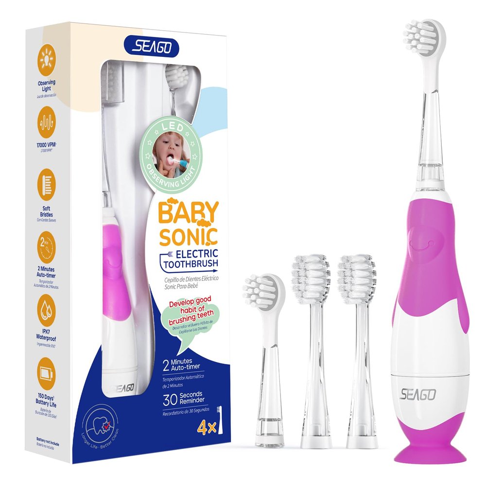 SEAGO Toddler Electric Toothbrushes for Baby Ages 0-3 Years, Baby Toothbrush with Smart Timer and Suction Base, 4 Replacement Brush Heads SG-513(Purple-C)