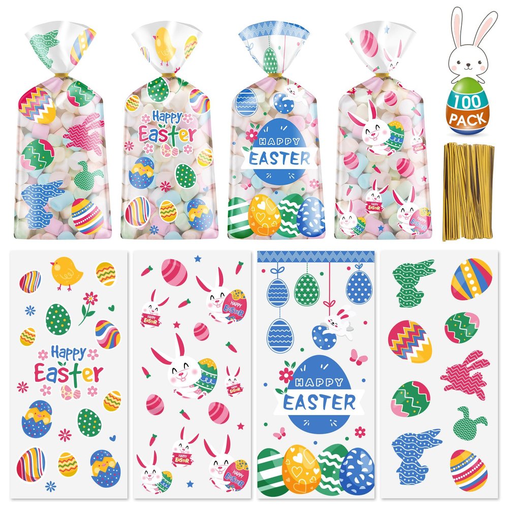100 Pcs Easter Treat Bags - Happy Easter Gift Bag, Easters Eggs Plastic Cellophane Bag, Clear Colorful Easters Bunny Goodie Candy Favor Bags with Gold Twist Ties for Easte Party Favors Supplies