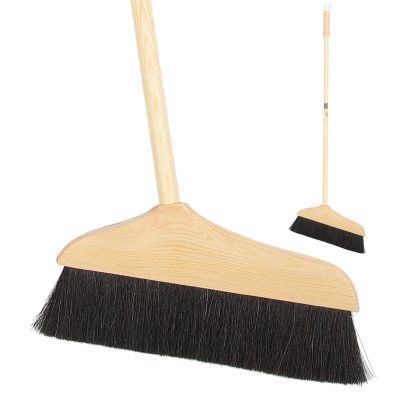 Mikikit Horsehair Broom with Long Handle Soft Pine Bristles Anti-Static Home Broom for Hardwood Floors Carpets Indoor Cleaning
