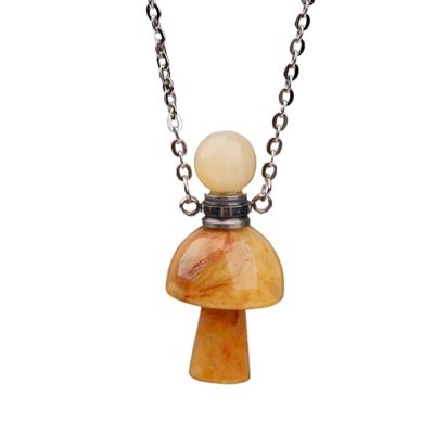 HXSCOO Women Crystal Mushroom Pendant, Hand Carved Gemstones Mushroom Perfume Bottle Necklace Healing Chakra Stone Jewelry Gift (Color : Crazy Agate)