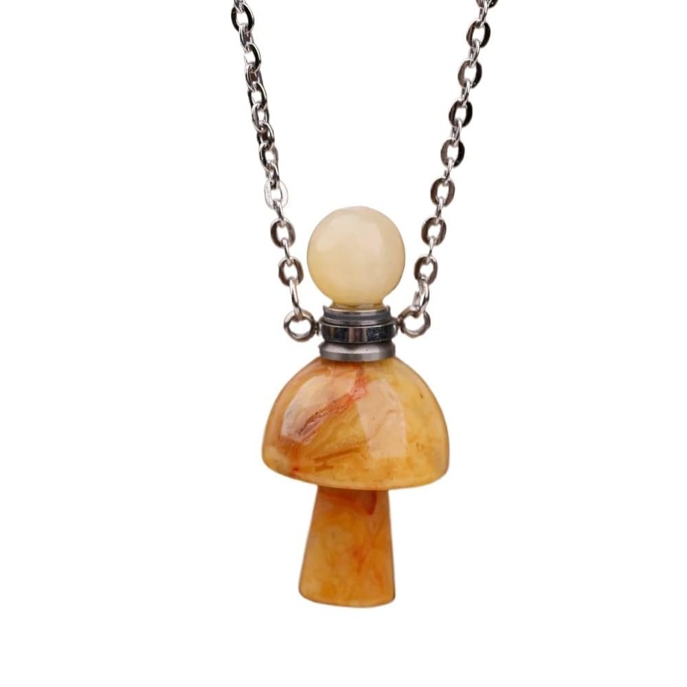 HXSCOO Women Crystal Mushroom Pendant, Hand Carved Gemstones Mushroom Perfume Bottle Necklace Healing Chakra Stone Jewelry Gift (Color : Crazy Agate)