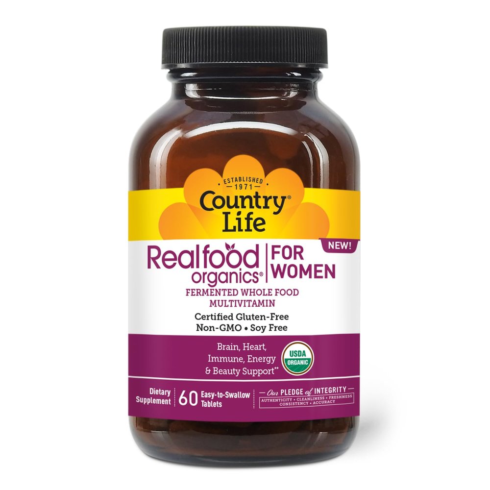Country Life Realfood Organics Womens Multivitamin USDA Organic, Vegan, Gluten-Free 1,300mg Fermented Whole Foods, Vitamins D, E, B, Folate & Biotin Daily Energy & Beauty 60 Tablets