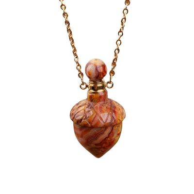 HXSCOO Women Gemstone Perfume Bottle Pendant, Carved Crystal Acorn Healing Necklace Boho Friendship Necklace Jewelry Gift (Color : Gold_Crazy Agate)