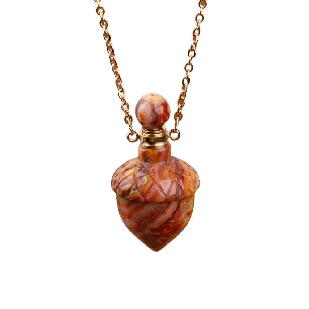 HXSCOO Women Gemstone Perfume Bottle Pendant, Carved Crystal Acorn Healing Necklace Boho Friendship Necklace Jewelry Gift (Color : Gold_Crazy Agate)