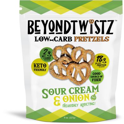 BeyondTwistz Low Carb Pretzels, Sour Cream and Onion, Keto Friendly, 2g Net Carbs, 18g Protein, Powered By HealthSense High Fiber Wheat Flour, Family Size 8oz Bag, Pack of 3
