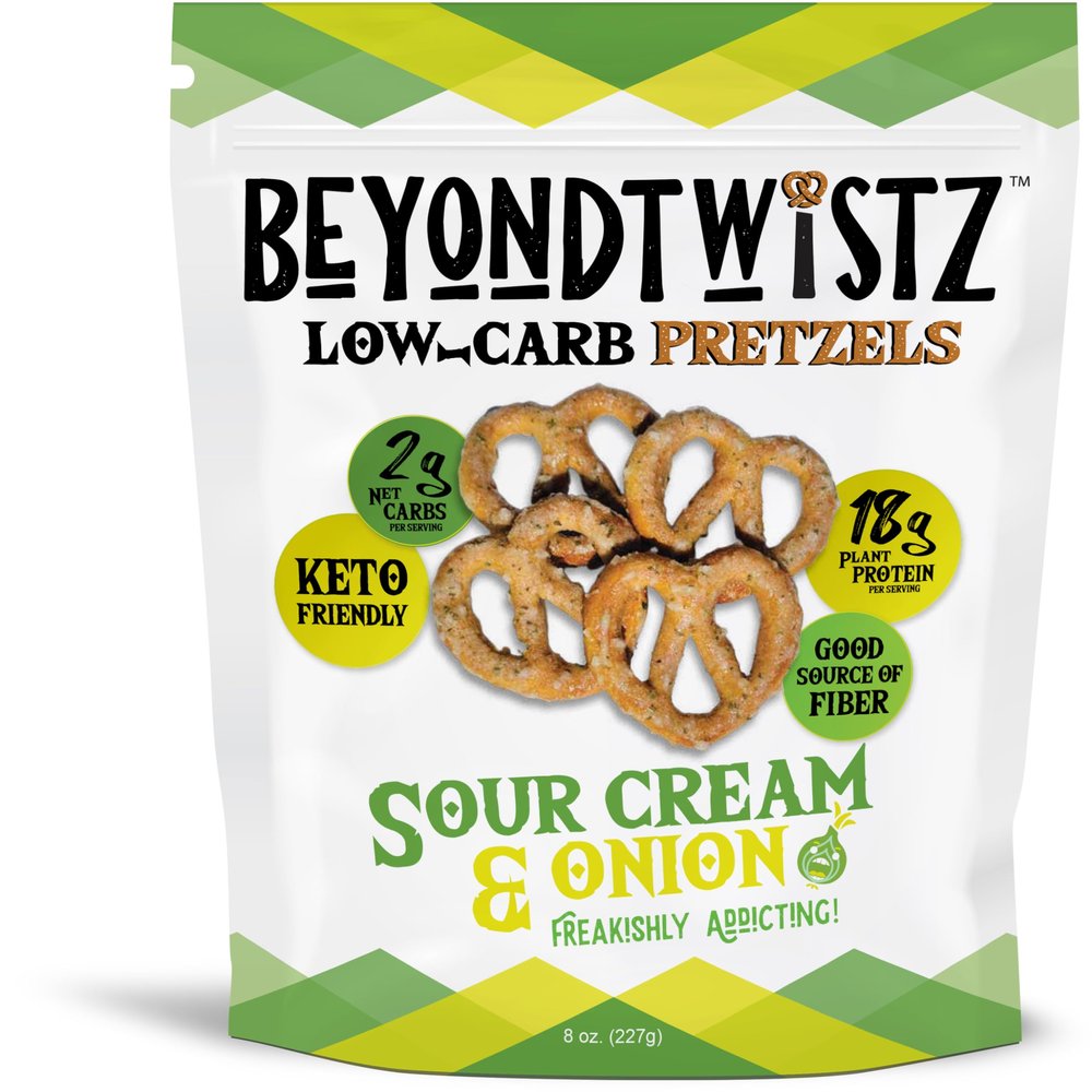 BeyondTwistz Low Carb Pretzels, Sour Cream and Onion, Keto Friendly, 2g Net Carbs, 18g Protein, Powered By HealthSense High Fiber Wheat Flour, Family Size 8oz Bag, Pack of 3
