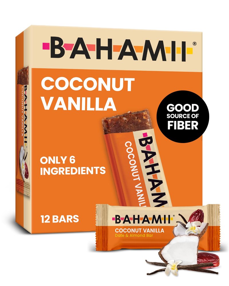 Bahamii Snack Bars, Made with Dates & Nuts, Healthy Snacks, Gluten Free, Good Source of Fiber, Only 6 Ingredients, For Kids & Adults, No Added Sugar, Vegan, 12 Pack, Coconut Vanilla