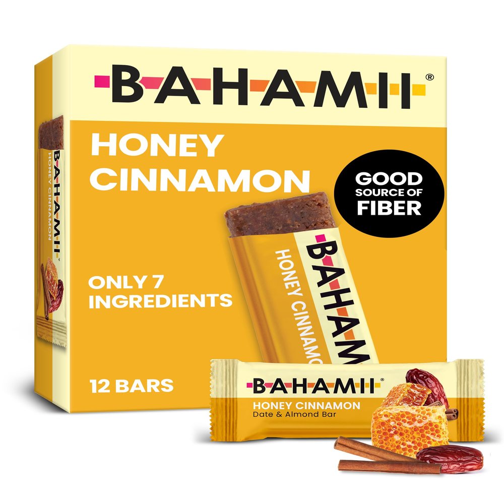 Bahamii Snack Bars, Made with Dates & Nuts, Healthy Snacks, Gluten Free, Good Source of Fiber, Only 7 Ingredients, For Kids & Adults, No Artificial Sweeteners, Dairy Free, 12 Pack, Honey Cinnamon