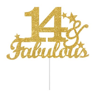 14 & Fabulous Cake Toppers Gold Glitter, Happy 14th Birthday Cake Topper Cheers to 14 Years Old Bday Decoration, Fourteen and Fabulous Cake Decorations for 14 Birthday Anniversary Party
