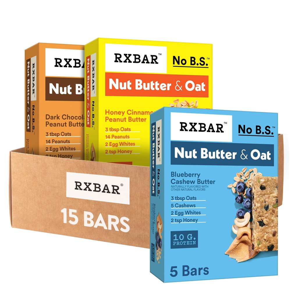 RXBAR Nut Butter and Oat Protein Bars, Protein Snack, Snack Bars, Variety Pack (3 Boxes, 15 Bars)