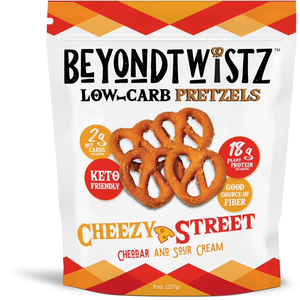 BeyondTwistz Low Carb Pretzels, Cheezy Street, Keto Friendly, 2g Net Carbs, 18g Protein, Powered By HealthSense High Fiber Wheat Flour, Family Size 8oz Bag, Pack of 3