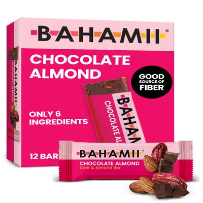 Bahamii Snack Bars, Made with Dates & Nuts, Healthy Snacks, Gluten Free, Good Source of Fiber, Only 6 Ingredients, For Kids & Adults, No Added Sugar, Vegan, 12 Pack, Chocolate Almond