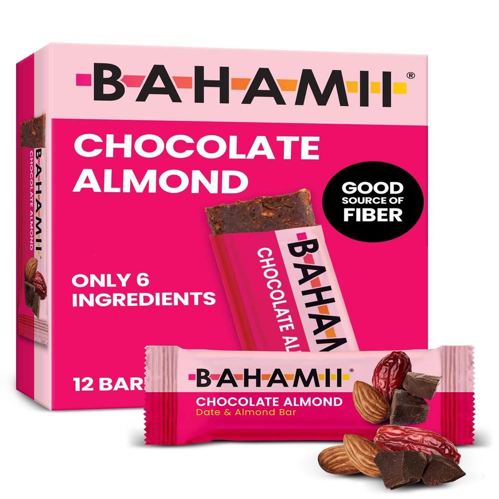 Bahamii Snack Bars, Made with Dates & Nuts, Healthy Snacks, Gluten Free, Good Source of Fiber, Only 6 Ingredients, For Kids & Adults, No Added Sugar, Vegan, 12 Pack, Chocolate Almond