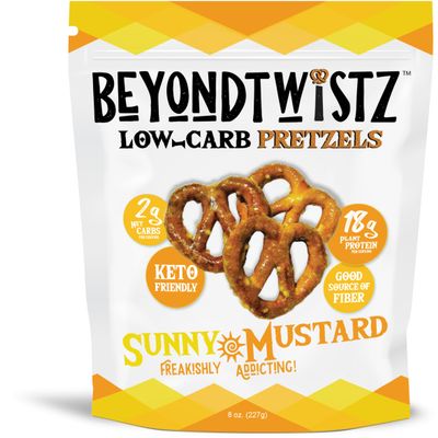 BeyondTwistz Low Carb Pretzels, Sunny Mustard, Keto Friendly, 2g Net Carbs, 18g Protein, Powered By HealthSense High Fiber Wheat Flour, Family Size 8oz Bag, Pack of 3