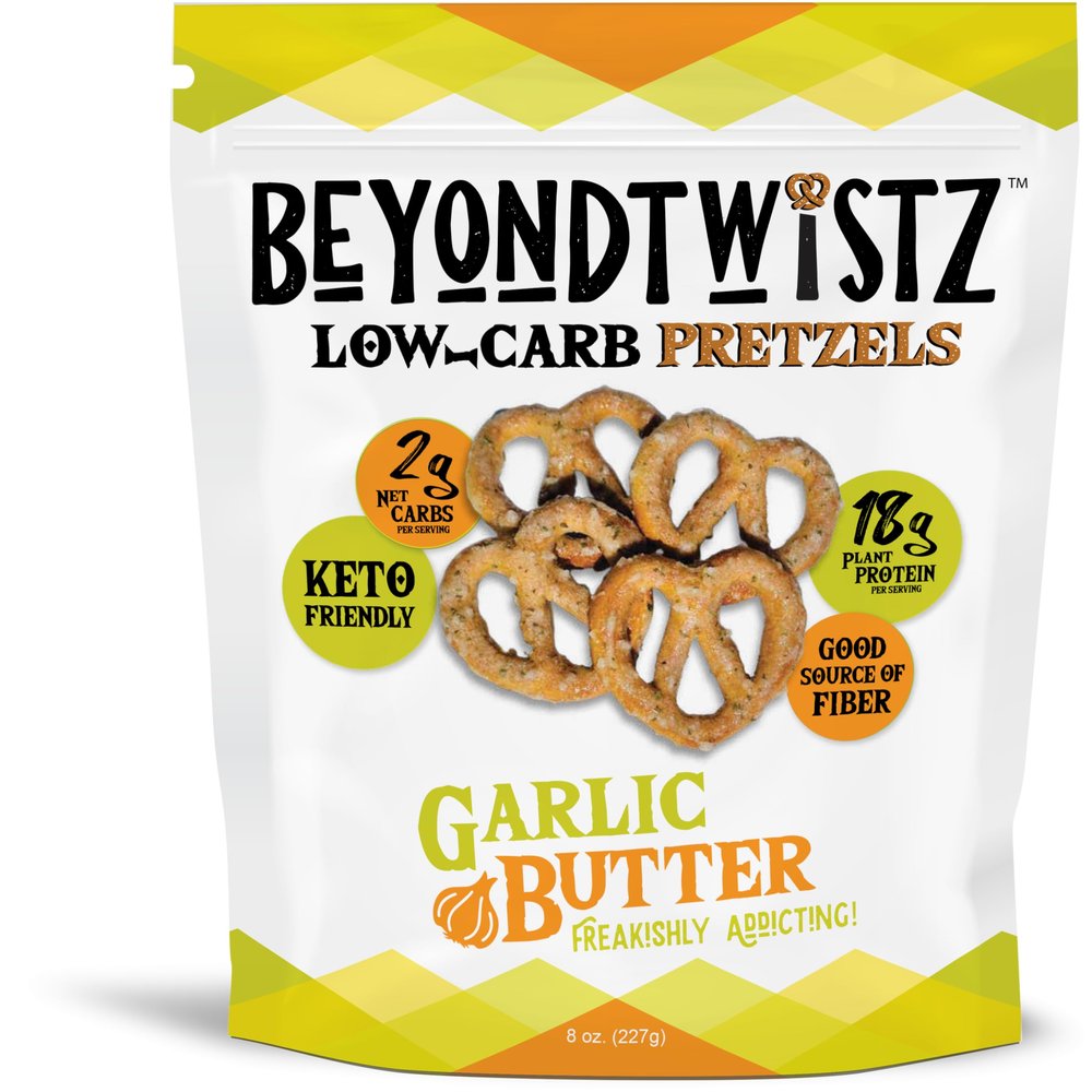 BeyondTwistz Low Carb Pretzels, Garlic Butter, Keto Friendly, 2g Net Carbs, 18g Protein, Powered By HealthSense High Fiber Wheat Flour, Family Size 8oz Bag, Pack of 3