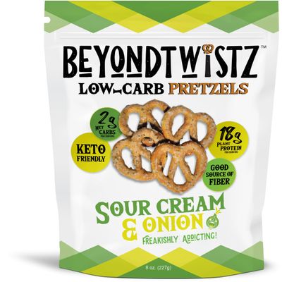 BeyondTwistz Low Carb Pretzels, Sour Cream and Onion, Keto Friendly, 2g Net Carbs, 18g Protein, Powered By HealthSense High Fiber Wheat Flour, Family Size 8oz Bag, Pack of 1