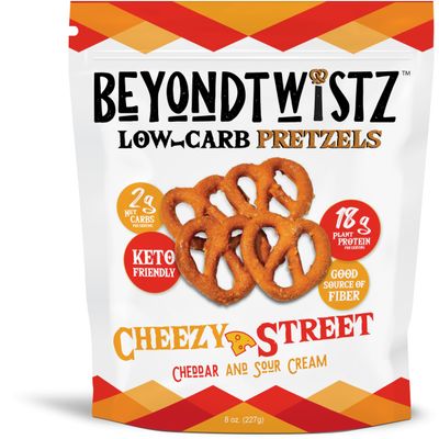 BeyondTwistz Low Carb Pretzels, Cheezy Street, Keto Friendly, 2g Net Carbs, 18g Protein, Powered By HealthSense High Fiber Wheat Flour, Family Size 8oz Bag, Pack of 1