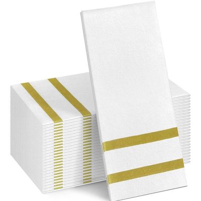 Biocean 50 Pack Napkins Disposable Guest Towels Linen-Feel Decorative Napkins Soft and Absorbent Dinner Paper Hand Towels for Bathroom Party Powder Room Hotel Fancy Restaurant (50, Gold Line)