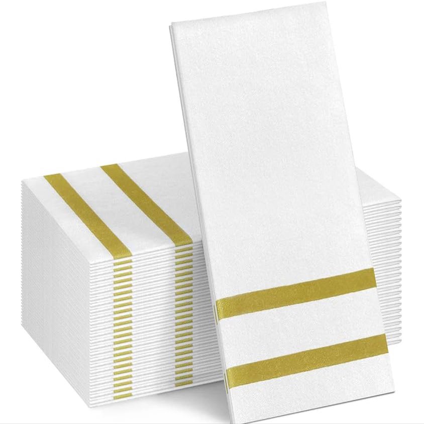 Biocean 50 Pack Napkins Disposable Guest Towels Linen-Feel Decorative Napkins Soft and Absorbent Dinner Paper Hand Towels for Bathroom Party Powder Room Hotel Fancy Restaurant (50, Gold Line)