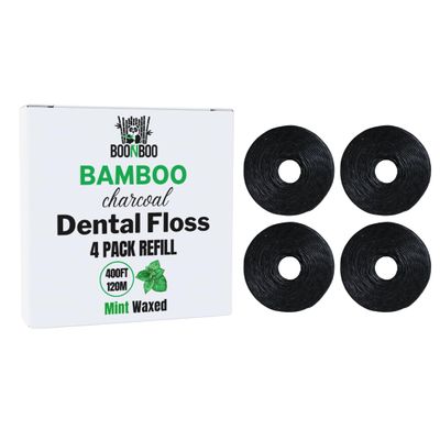 BOONBOO Dental Floss Refill Rolls, Charcoal Woven Thread, 4 Pack, Mint Flavor