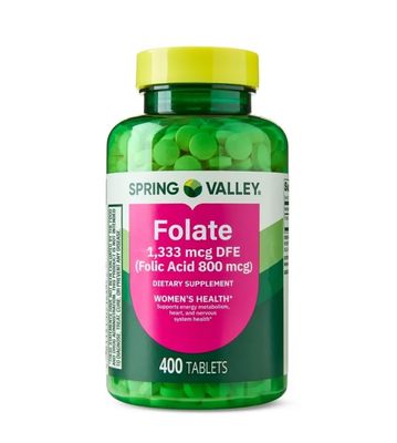 4 TOP CARE Spring Valley Folate Dietary Supplement Tablets for Women's Health, 1,333 mcg DFE, 400 Count