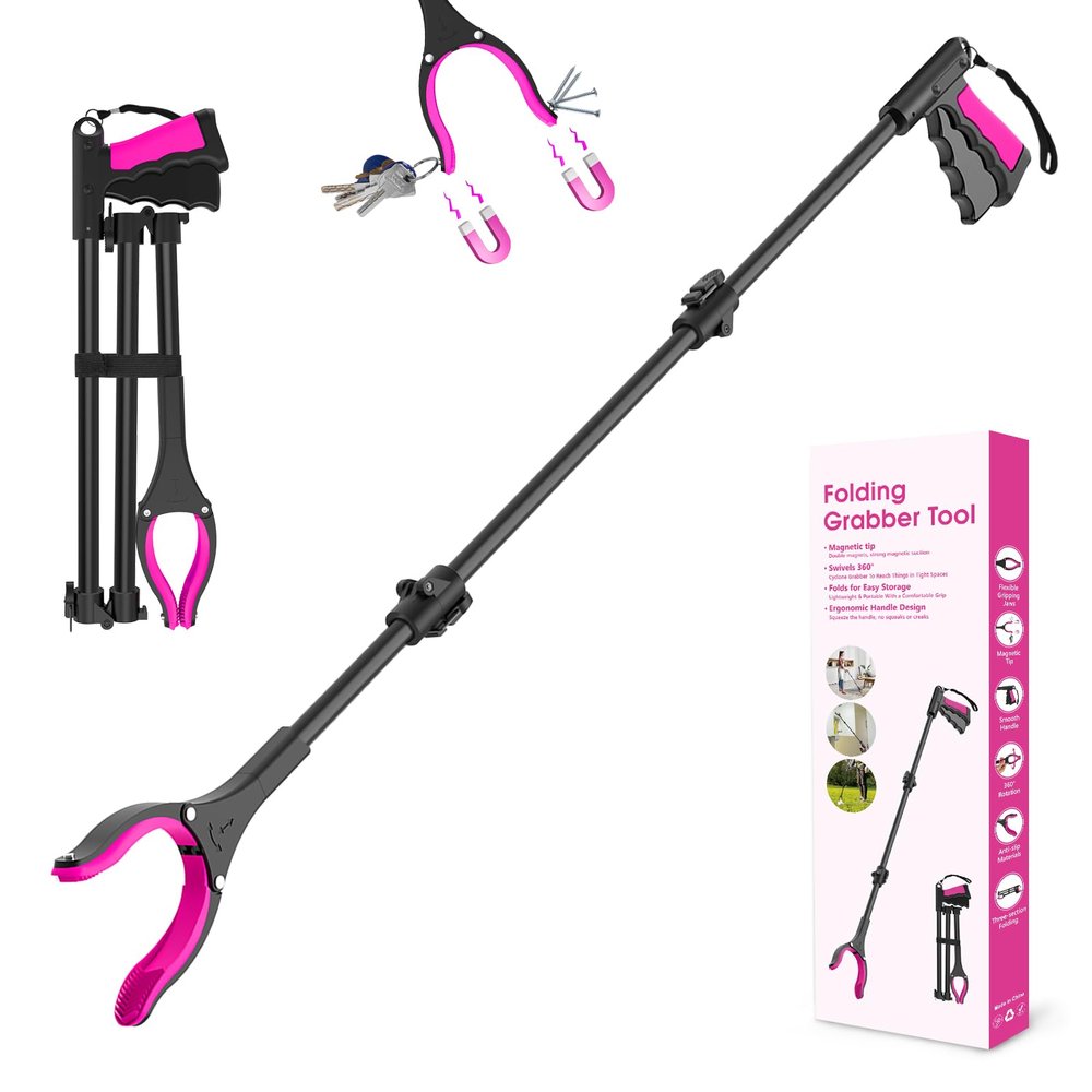 43" Grabber Reacher Tool, Foldable Reacher Grabber Pickup Tool with 360 Rotating Jaw & Two Magnets, Extra Long Trash Picker Upper Grabber, Extension Grabbers for Seniors, Pink