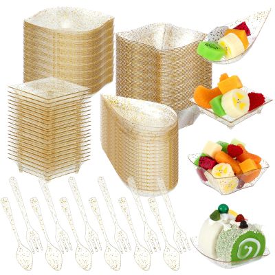 Tessco 400 Pcs Mini Dessert Plates Set, Including 200 Disposable Appetizer Plates Assorted Shape 100 Mini Plastic Forks 100 Plastic Spoons for Party Birthday(Gold Glitter)