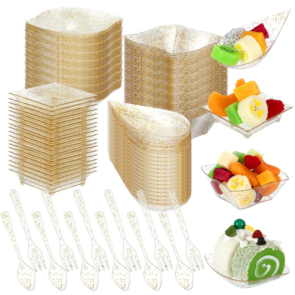Tessco 400 Pcs Mini Dessert Plates Set, Including 200 Disposable Appetizer Plates Assorted Shape 100 Mini Plastic Forks 100 Plastic Spoons for Party Birthday(Gold Glitter)