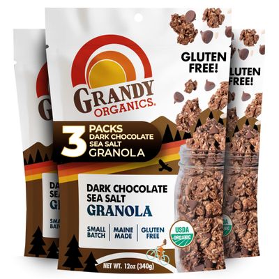 Grandy Organics Dark Chocolate Sea Salt Granola, Certified Organic Granola, Gluten Free, Non-GMO, Certified Kosher, Plant Based Protein, 12oz Each, Pack of 3