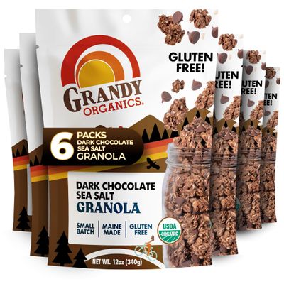 Grandy Organics Dark Chocolate Sea Salt Granola, Certified Organic Granola, Gluten Free, Non-GMO, Certified Kosher, Plant Based Protein, 12oz Each, Pack of 6