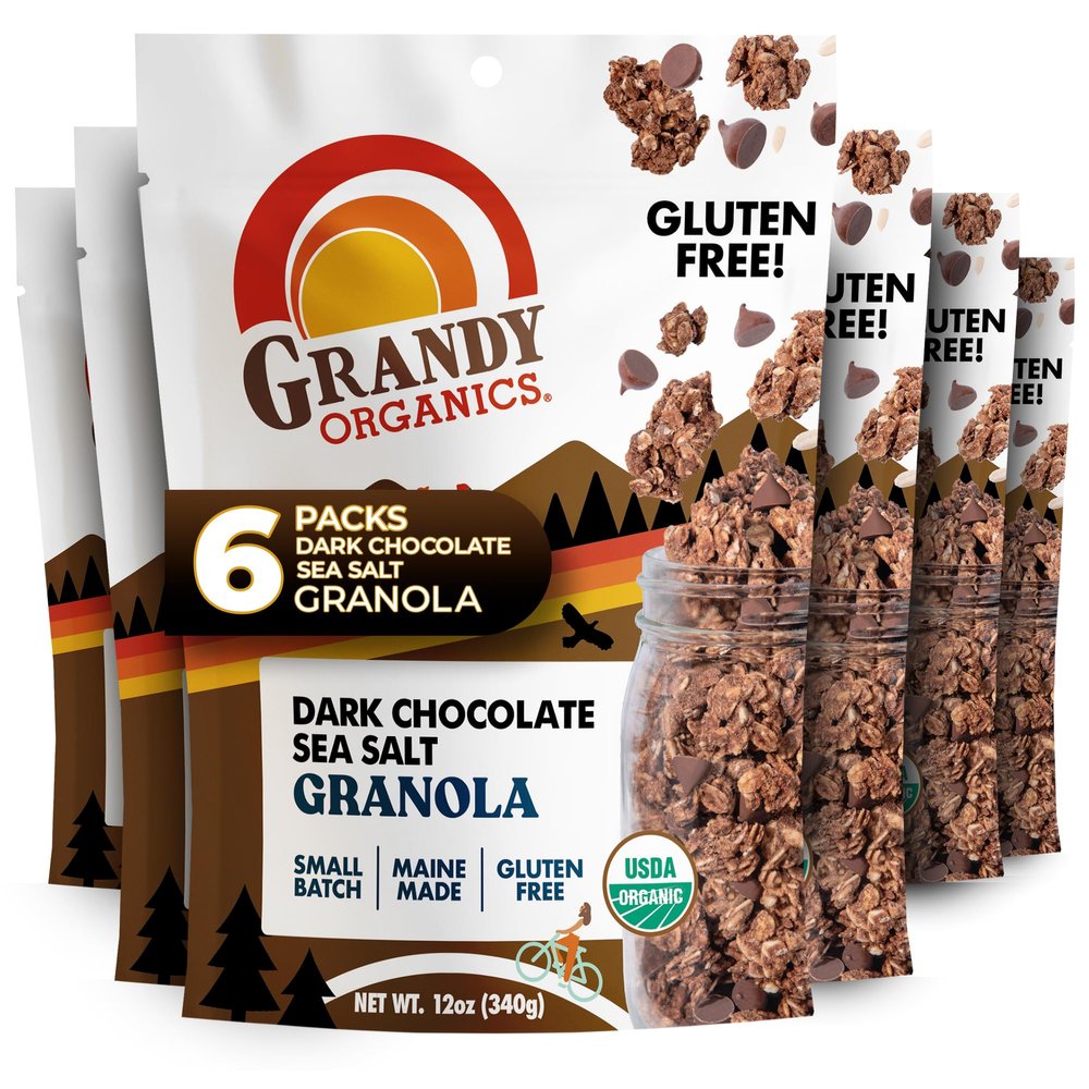 Grandy Organics Dark Chocolate Sea Salt Granola, Certified Organic Granola, Gluten Free, Non-GMO, Certified Kosher, Plant Based Protein, 12oz Each, Pack of 6
