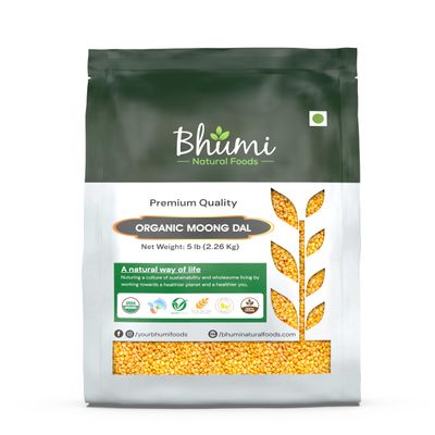 Bhumi Organic Moong Dal  Yellow Split Mung Beans  5 lb Pack  USDA Certified, Non-GMO  Great Source of Protein - Indian Lentils
