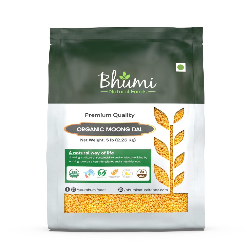 Bhumi Organic Moong Dal  Yellow Split Mung Beans  5 lb Pack  USDA Certified, Non-GMO  Great Source of Protein - Indian Lentils
