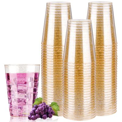 Goodluck 12 oz 50 PCS Gold Glitter Plastic Cups, Disposable Glitter Cups, Elegant Plastic Cocktail Glasses, Fancy Party Cups for Wedding, Birthday, Holiday