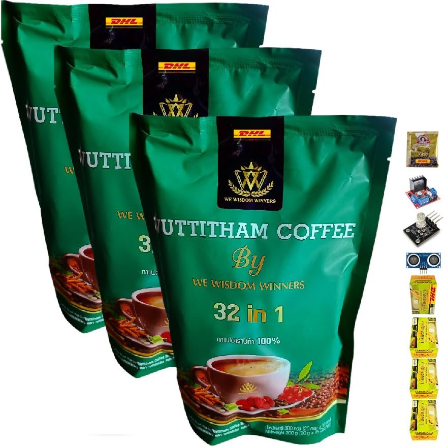 300g(15 Sachets) Wuttitham Instant Coffee 32in1 Vegan Arabica Roasted Roasted Healthy Snack Delicious (of 3) By Beautygoodshop [Get Free For You Beauty Gifts]