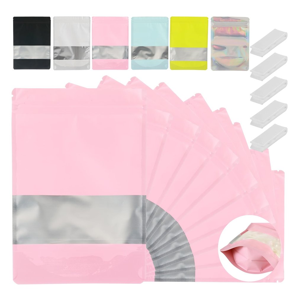 200 Pcs Mylar Bags for Food Storage 7x10 Mylar Bag with Window, Foil Stand Up Resealable Bags for Food, Smell Proof Bag Freeze Dried Candy Packaging Sealable Pouch Jewelry Bracelet Pouch Pink