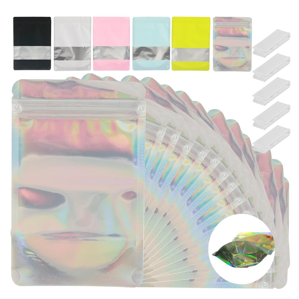 200 Pcs Mylar Bags for Food Storage 4x6 Mylar Bag with Window, Stand Up Holographic Resealable Bags for Food, Smell Proof Bag Freeze Dried Candy Sealable Pouch Jewelry Bracelet Packaging