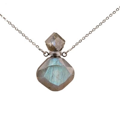 HXSCOO Women Tiny Flash Labradorite Stone Diffuser Bottle Pendant Necklace Plated Gold Essential Oil Vial Jewelry Gift (Color : Labradorite Silver)