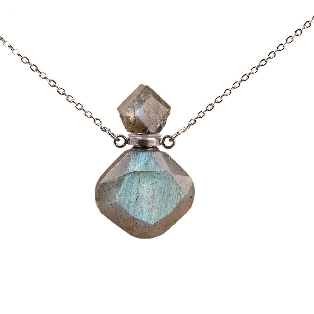 HXSCOO Women Tiny Flash Labradorite Stone Diffuser Bottle Pendant Necklace Plated Gold Essential Oil Vial Jewelry Gift (Color : Labradorite Silver)